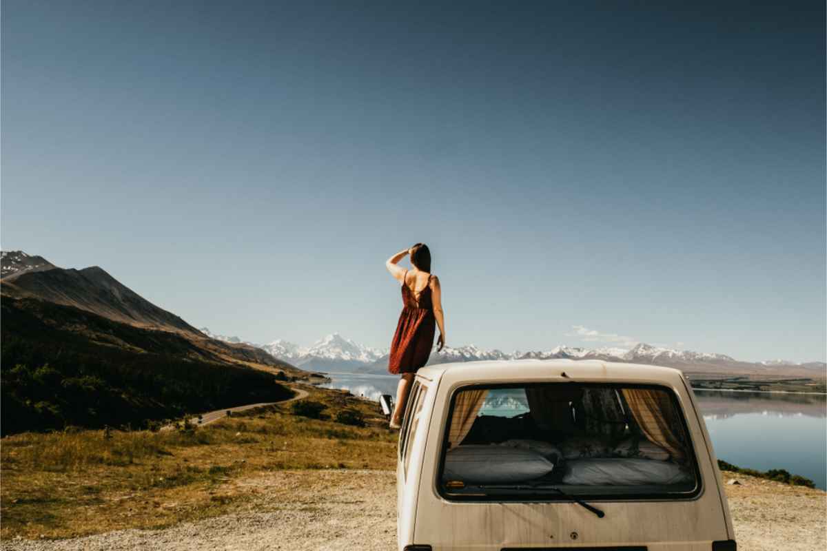 Non self-contained camper parked by a beautiful landscape of NZ