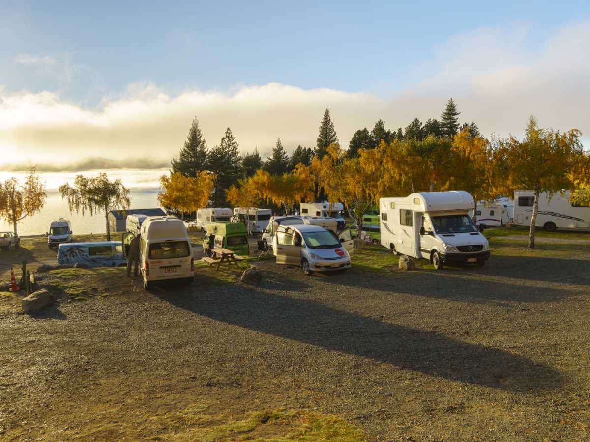 Campers parked in a camping spot in NZ