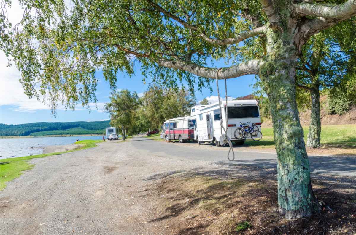 Campers and Rvs parked near a lake in NZ