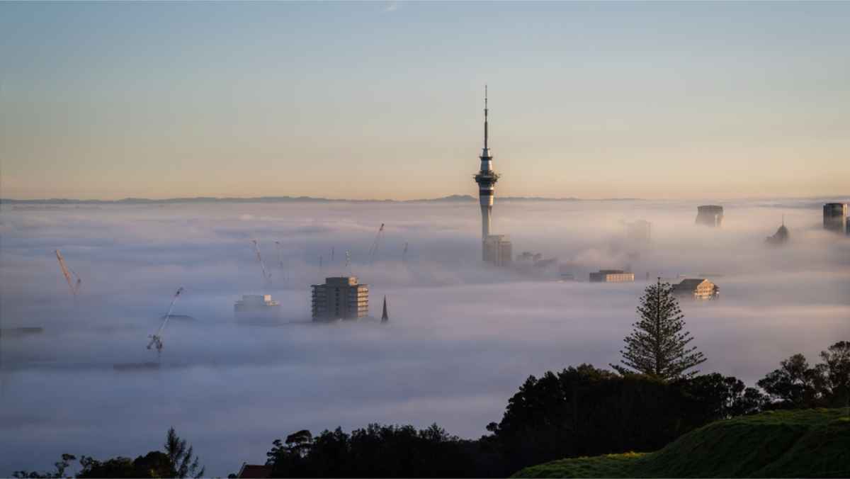 Panoramic views of Iceland winter with fog all over the town