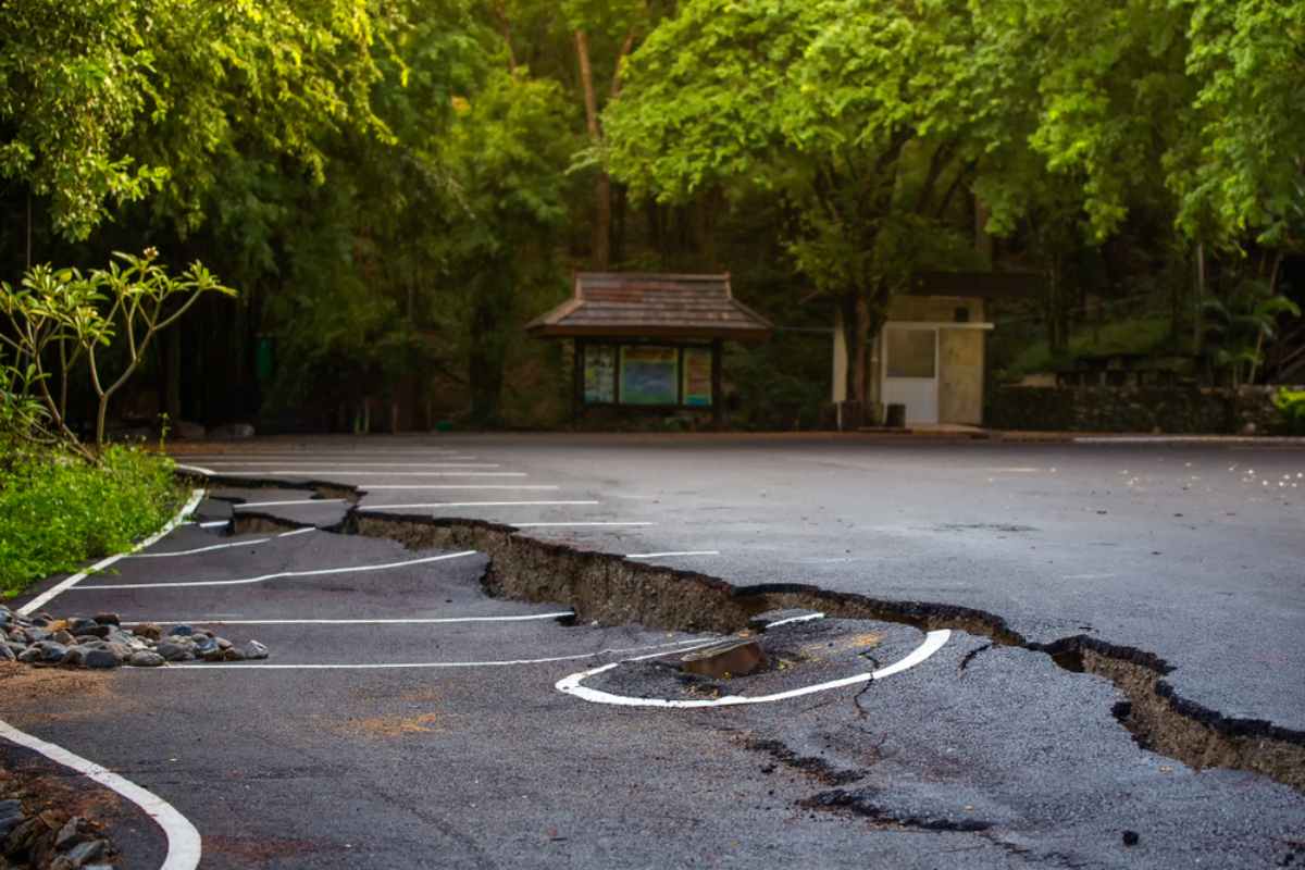 Road asphalt completely shattered due to an earthquake