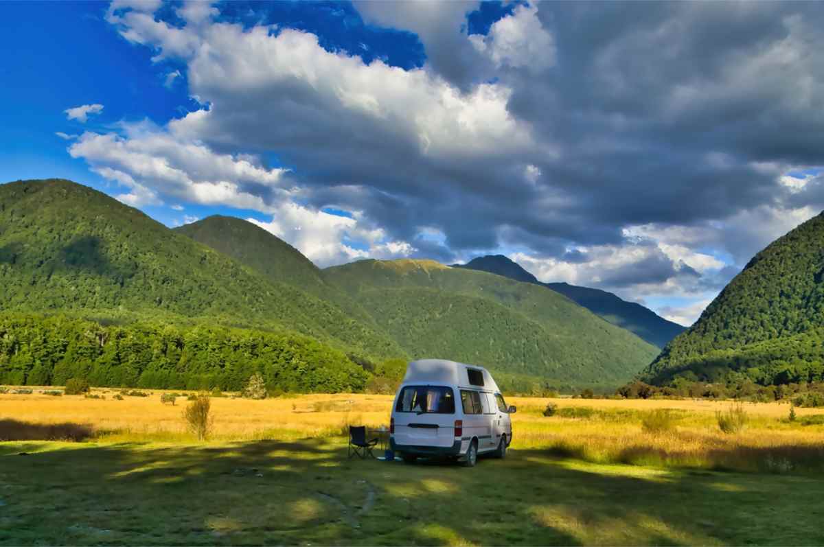 Campervan parked at a beautiful remote area in NZ